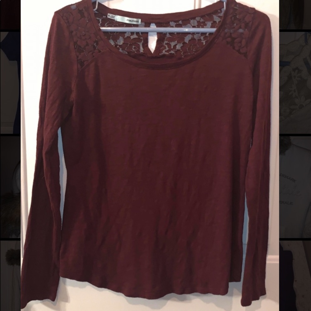 Maurices Maroon Long Sleeve Floral Lace Tee